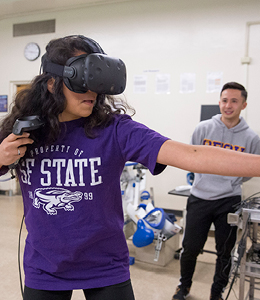 SF State student using a Virtual Reality (VR) 