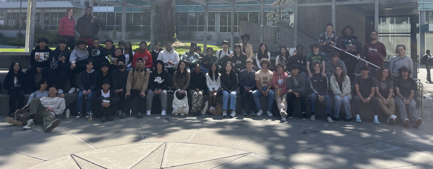 Students from the Computer Science Academy at Oakland Technical High School outside Cesar Chavez Student Center